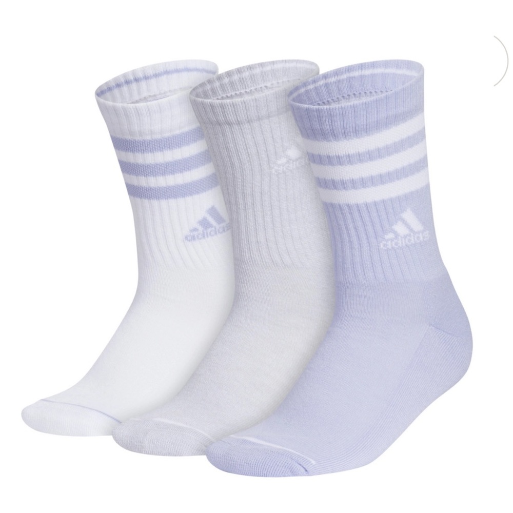 NEW 3 Pack Women's adidas Violet, Grey, White Cushioned 3 Stripe 3.0 Crew Socks